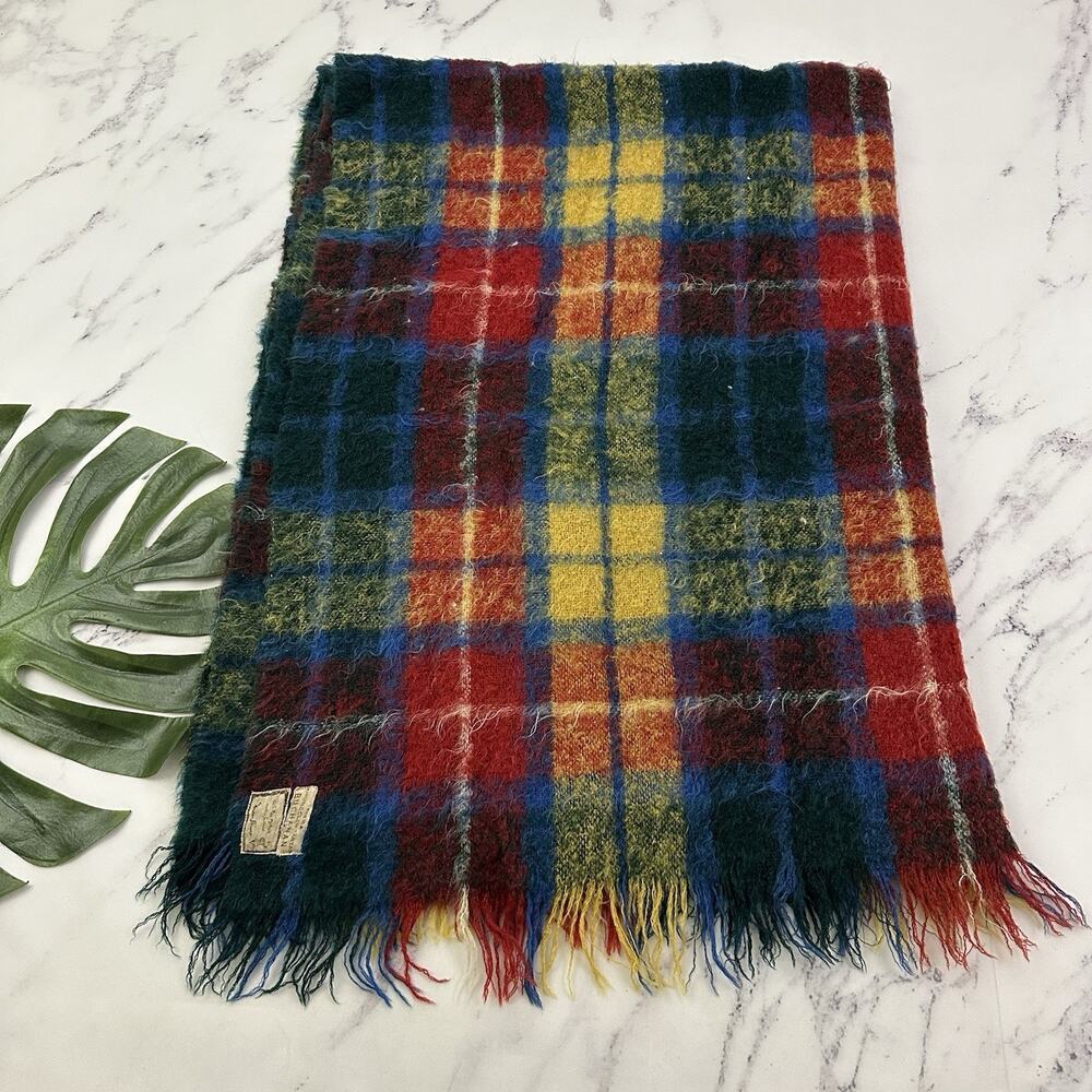 Andrew Stewart Vintage 60s Mohair Throw Blanket Blue Tartan Plaid Scotland 50x66